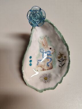 Decoupaged and resined bunny oyster shell with embellishments trinket holder